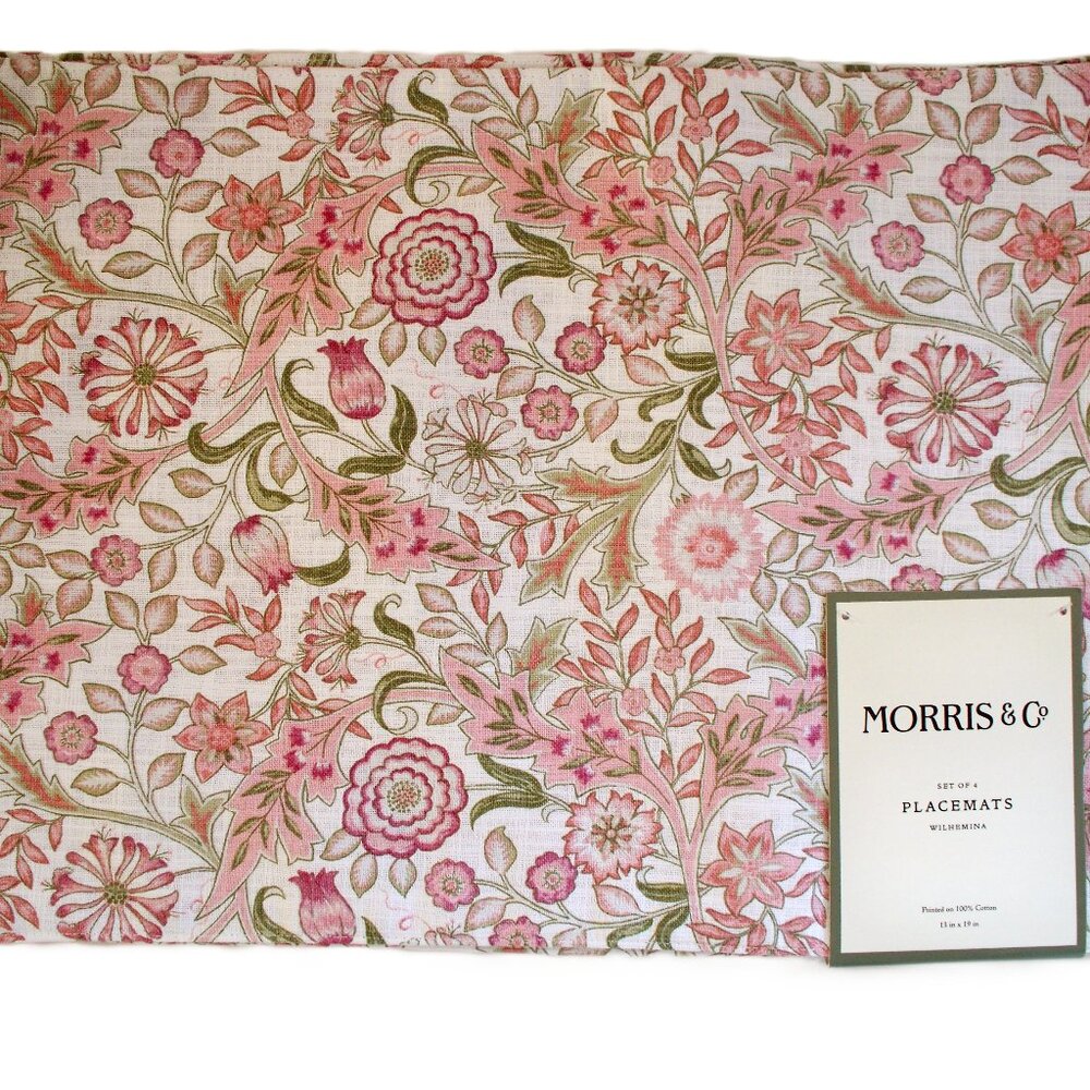 Morris & Co. Set of 4 Wilhemina Pink Ivory Floral Cloth Placemats Cotton NWT